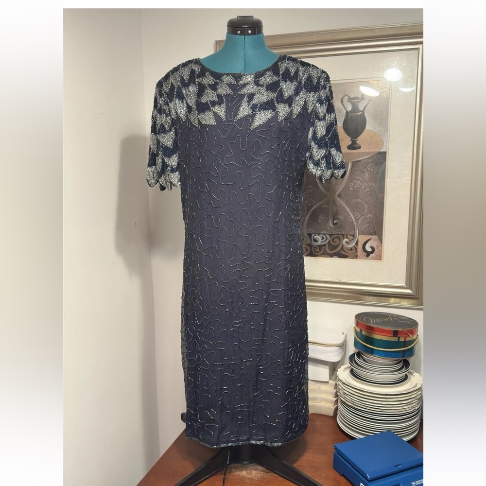 American Night Navy Blue Natural Silk Lined Beaded Sequined Formal Dress Size QS